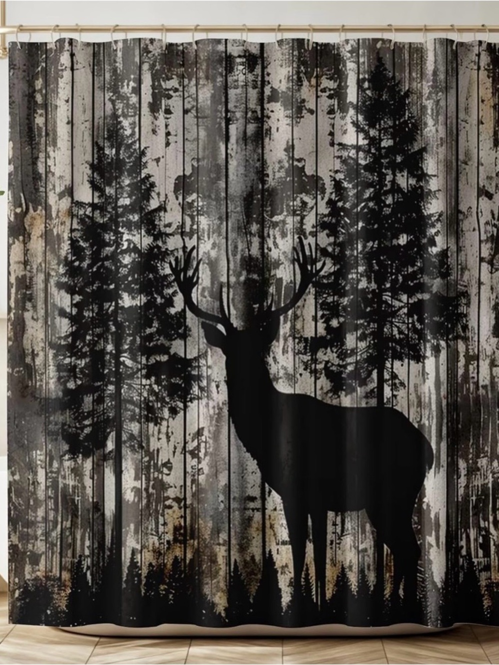 Deer Shower Curtain Vintage Wooden Board Tree Woodland Deer Silhouette Country F